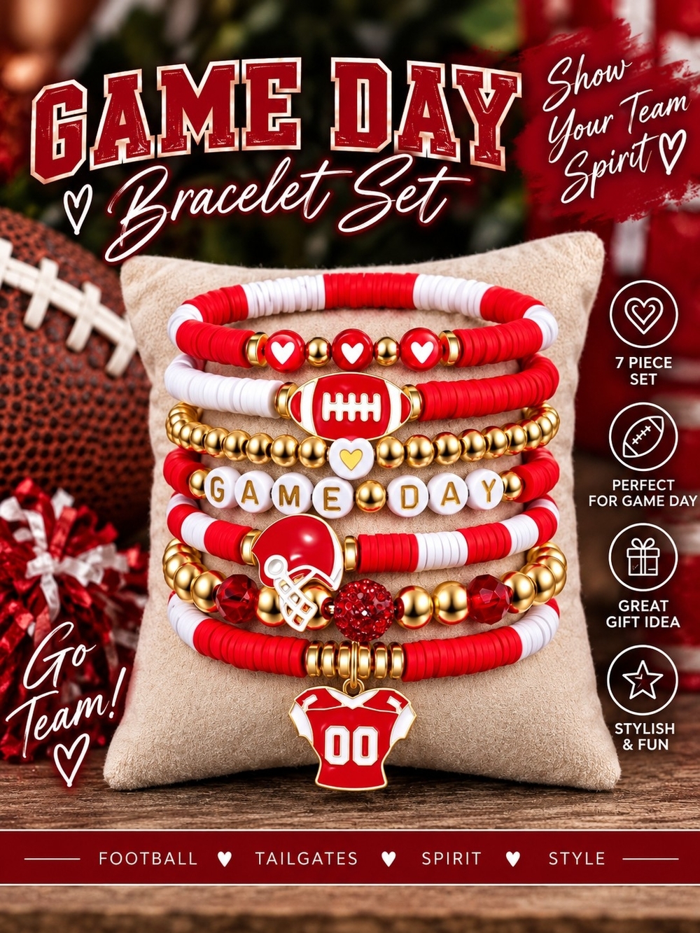 Game Day Bracelet Set - Red & White Football Spirit Stack!!